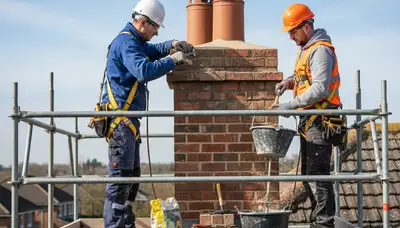 Raleigh, NC chimney repair crew restoring cracked mortar and storm-damaged brick on a home