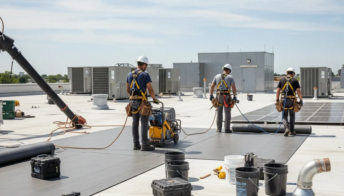 Commercial roofing crew repairing a Raleigh, NC roof for FX Remodeling & Exteriors