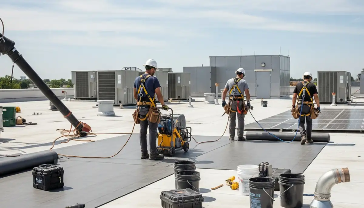 Commercial roofing crew repairing a Raleigh, NC roof for FX Remodeling & Exteriors