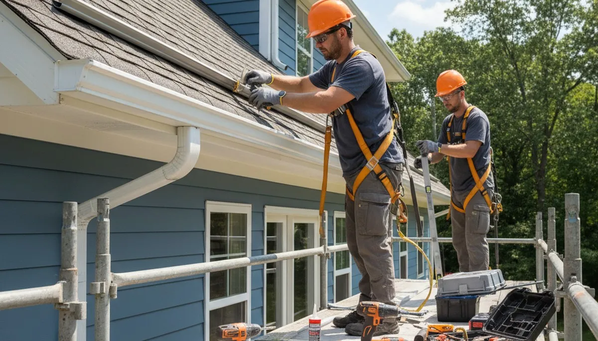 Raleigh, NC gutter repair crew fixing storm-damaged gutters on a residential home