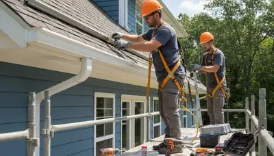 Raleigh, NC gutter repair crew fixing storm-damaged gutters on a residential home