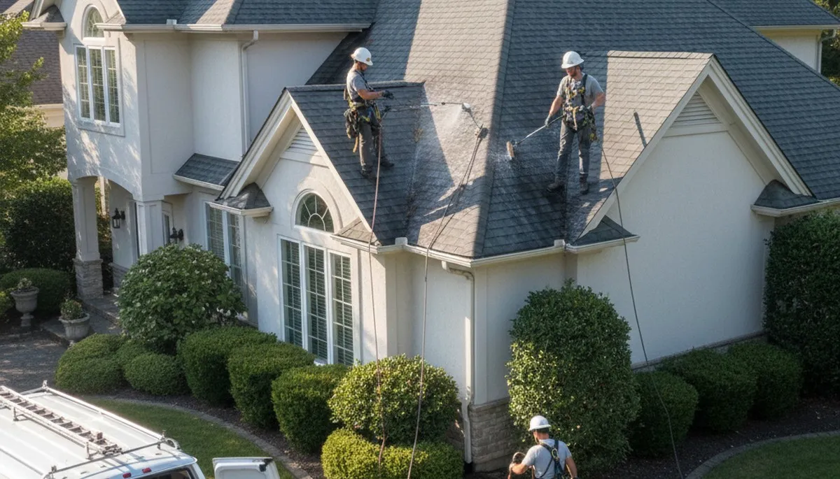 Roof cleaning service in Raleigh, NC for a home exterior by FX Remodeling & Exteriors