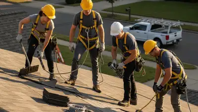 Roof repair team in Raleigh, NC replacing damaged shingles for a siding and exterior home service project